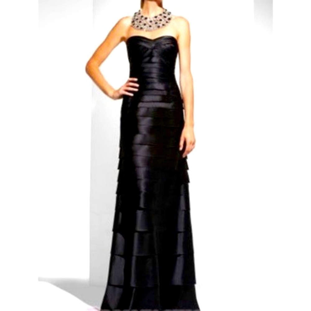 BCBGMaxAzria strapless raw hem tiered gown